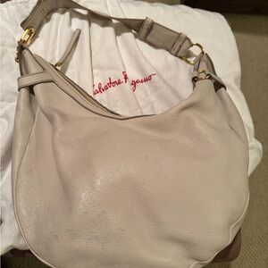 Salvatore Ferragamo Beige Leather Hobo Bag with Gold Hardware